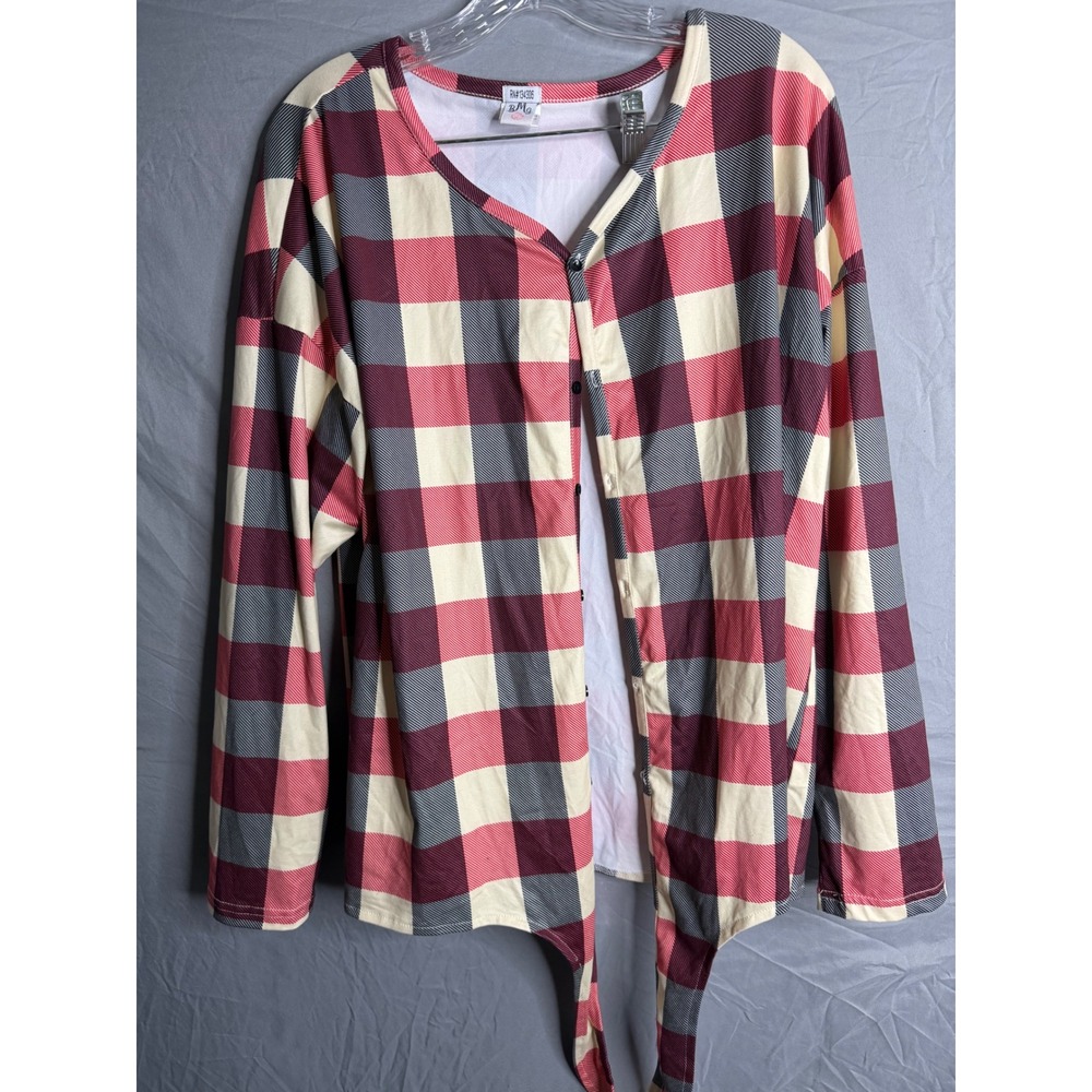 Red Plaid Button Front Tie Hem Top Long Sleeve Buffalo Check XL